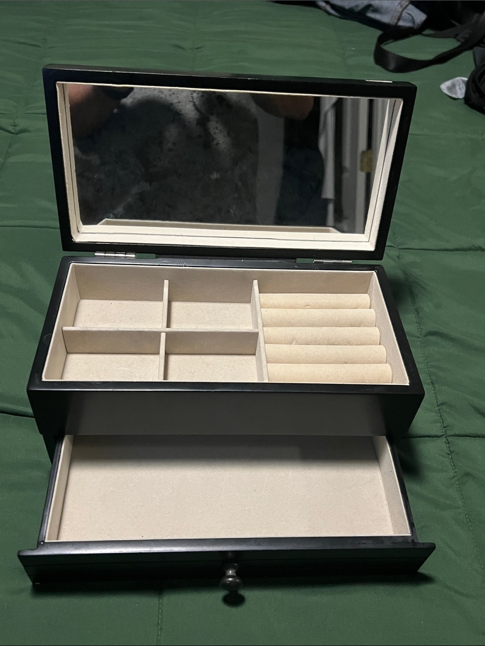 Black Jewelry Organizer Box with Mirror and Cream Interior